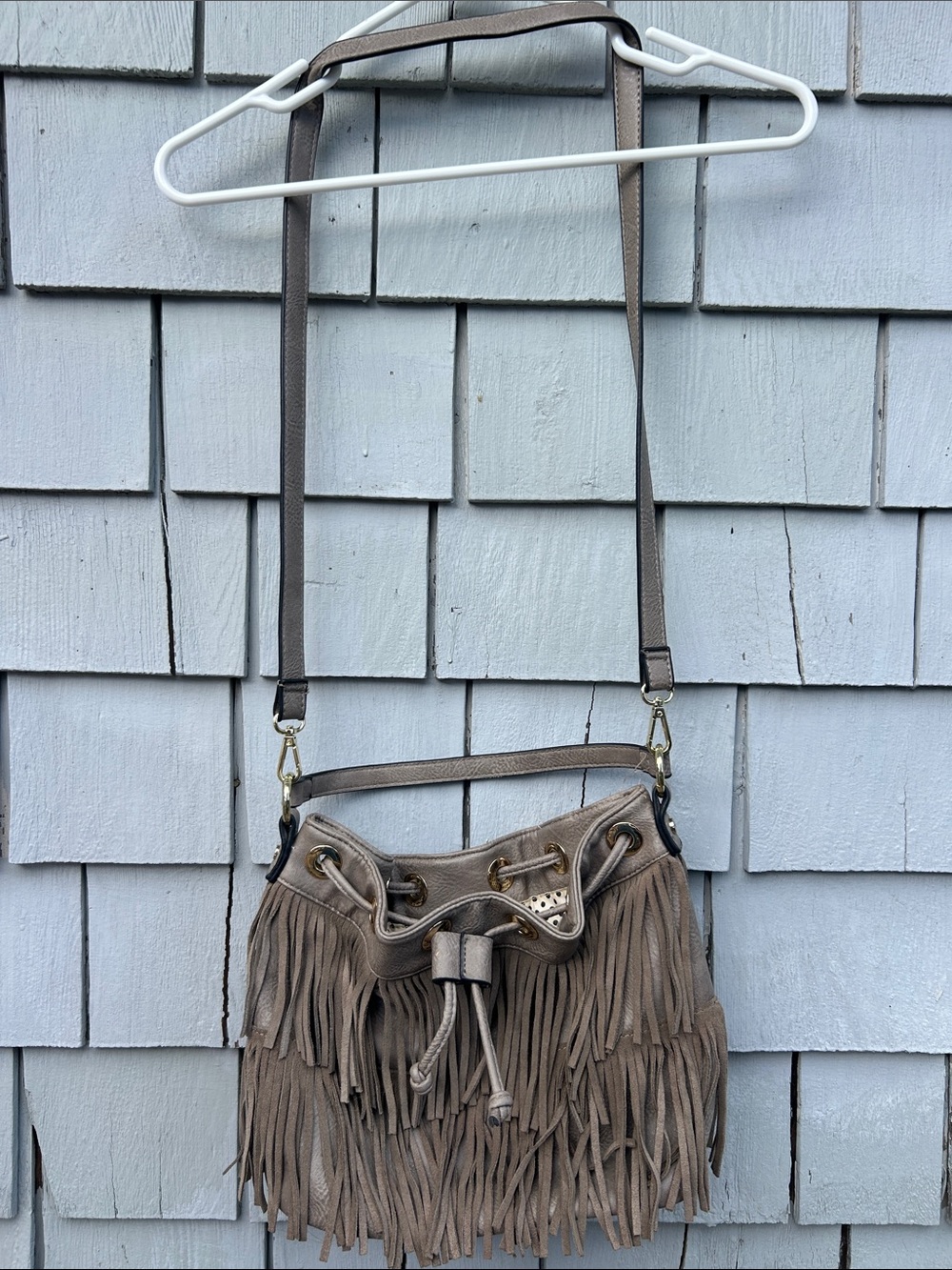 Expressions NYCTaupe Fringe Shoulder Bag with Adjustable Strap